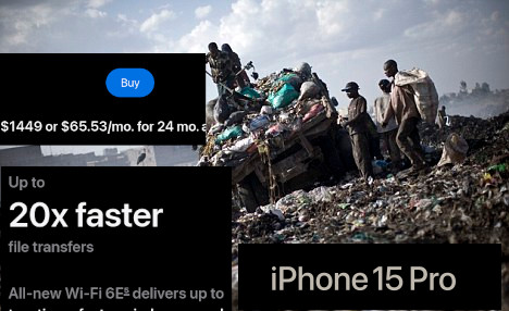 A group of people of colour, atop a large pile of garbage, titled 