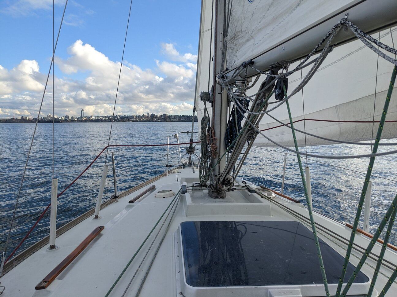 Looking abeam on a sailboat from the cockpit.